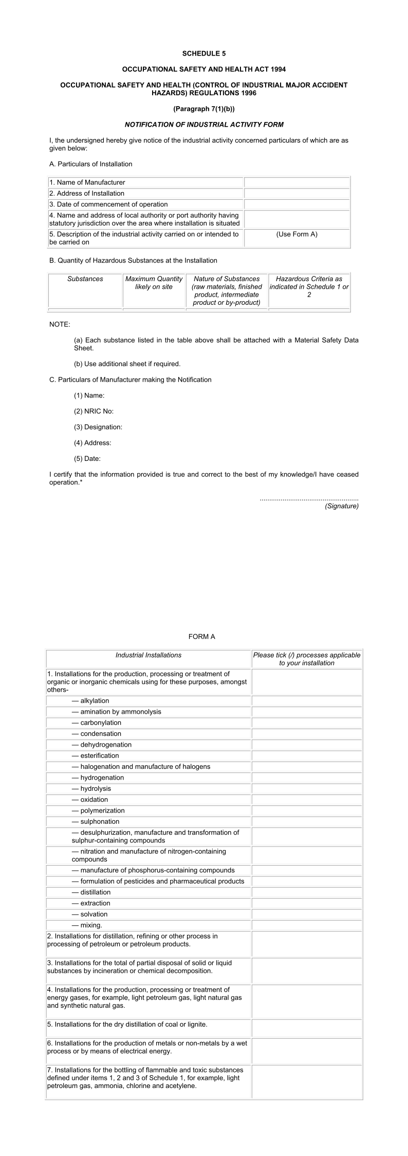 Schedule 5 - Notification of Industrial Activity Form