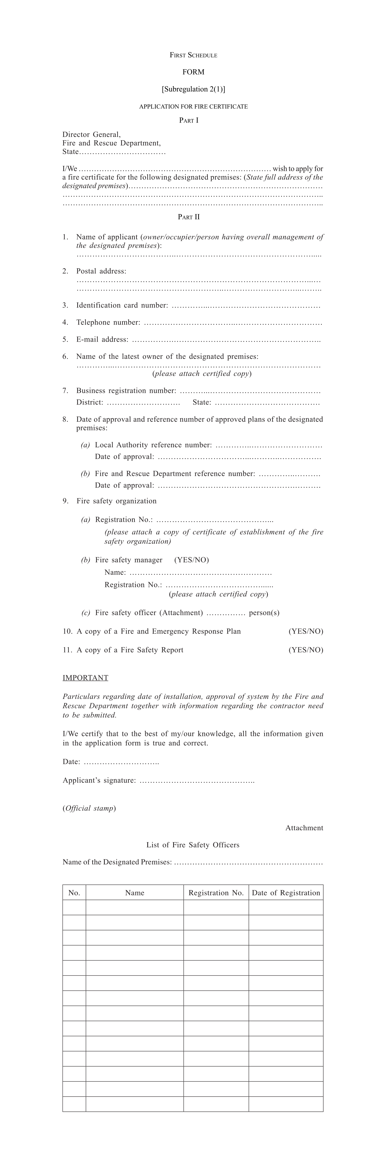 Application for Fire Certificate 