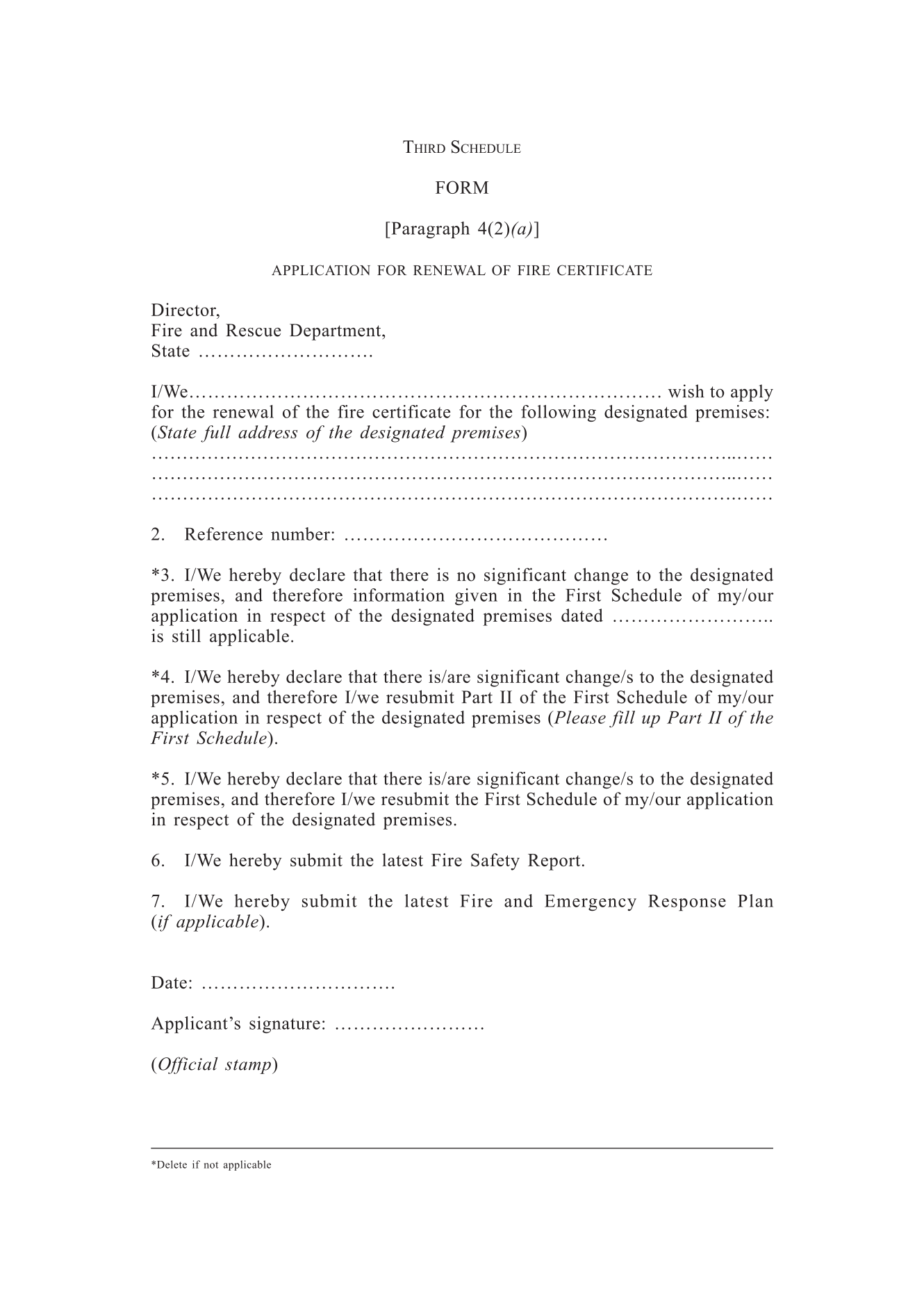Application for Renewal of Fire Certificate