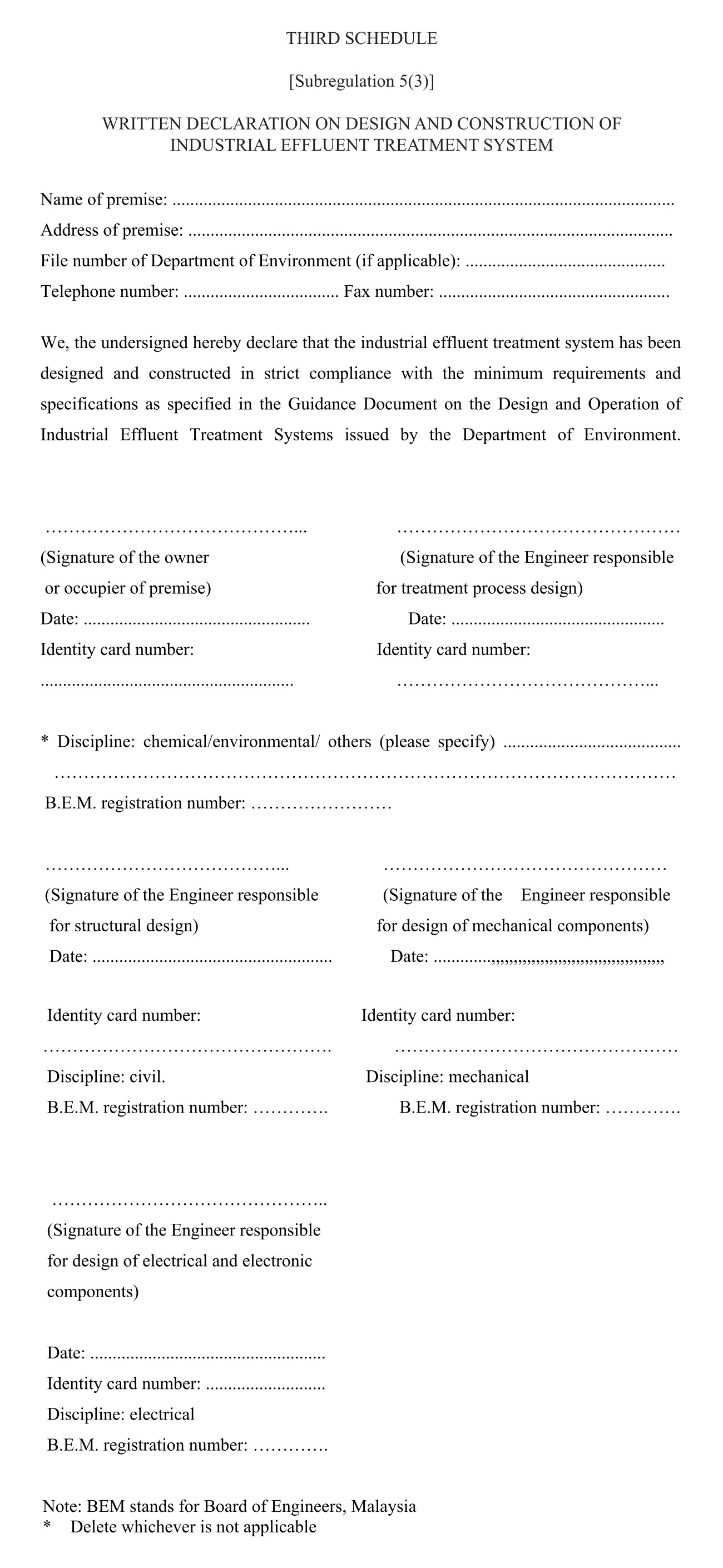 Schedule 3 - Written Declaration on Design and Construction of Industrial Effluent Treatment System