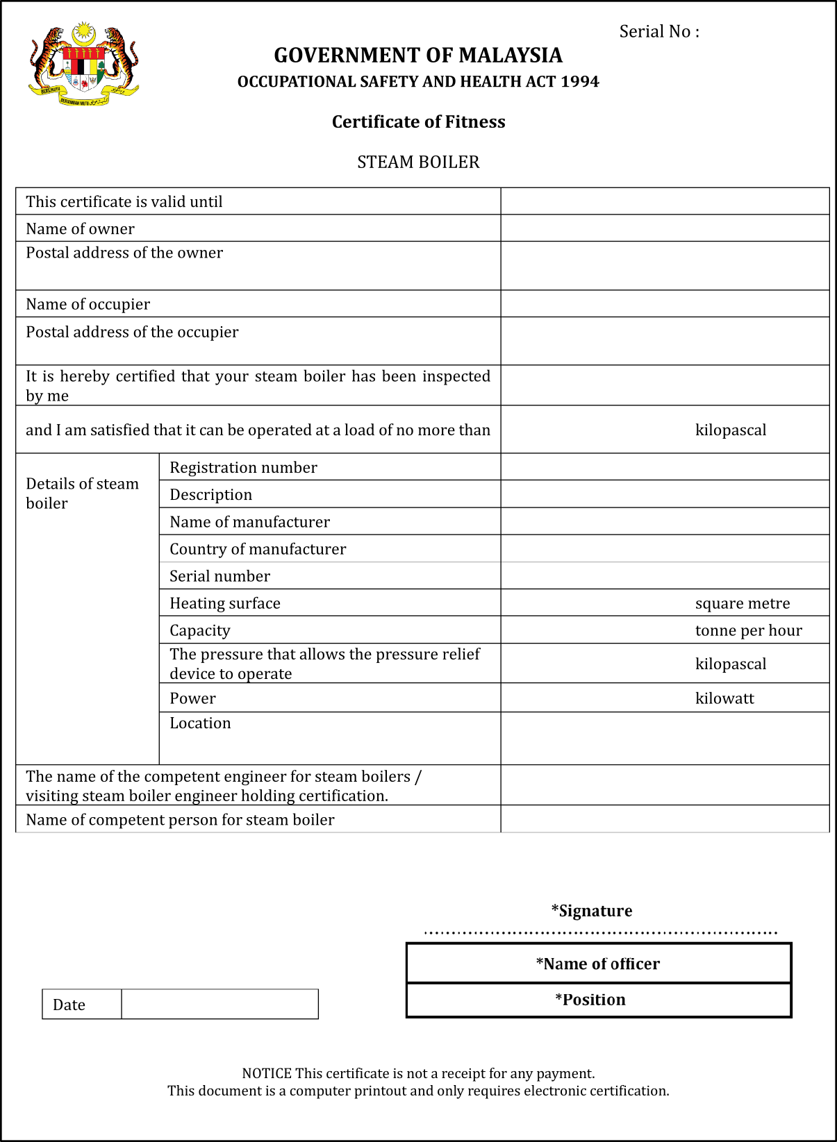 Certificate of fitness for steam boiler issued by an officer