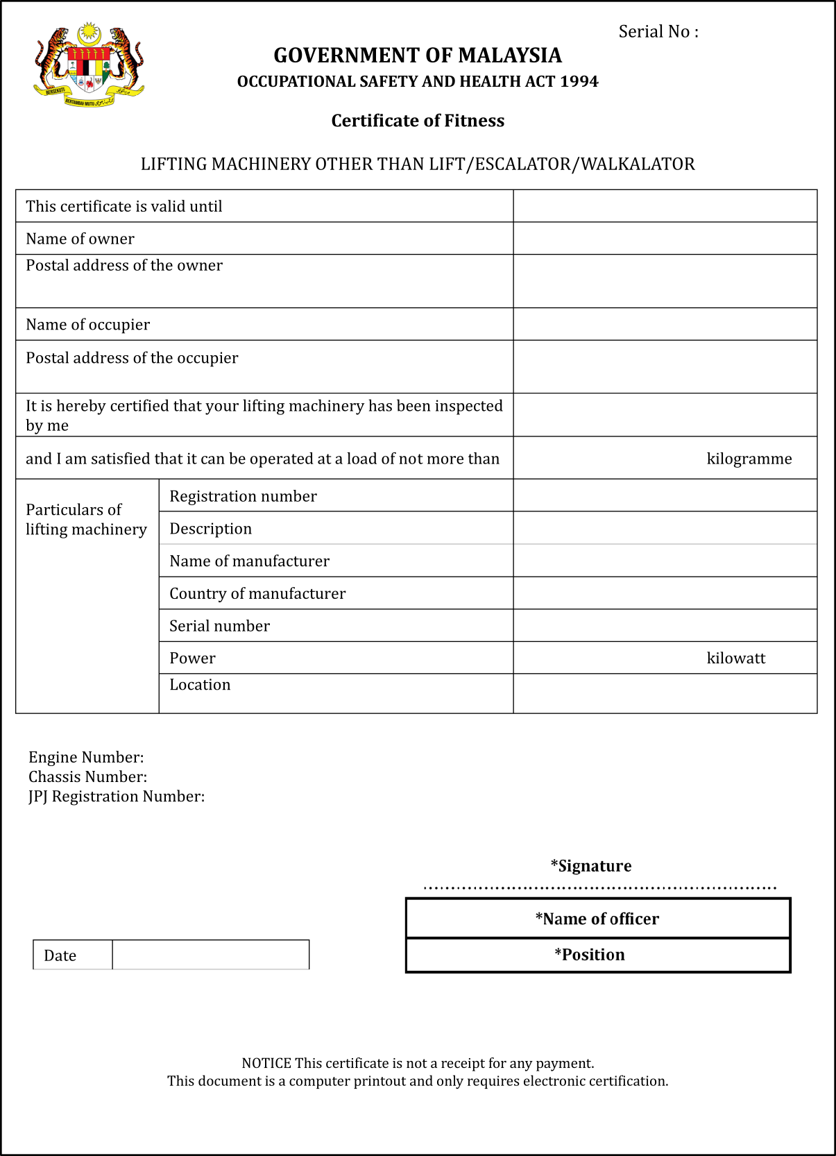 Certificate of fitness for lifting machinery issued by an officer