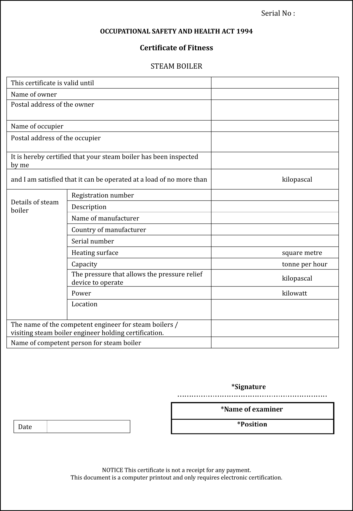 Certificate of fitness for steam boiler issued by a licensed person