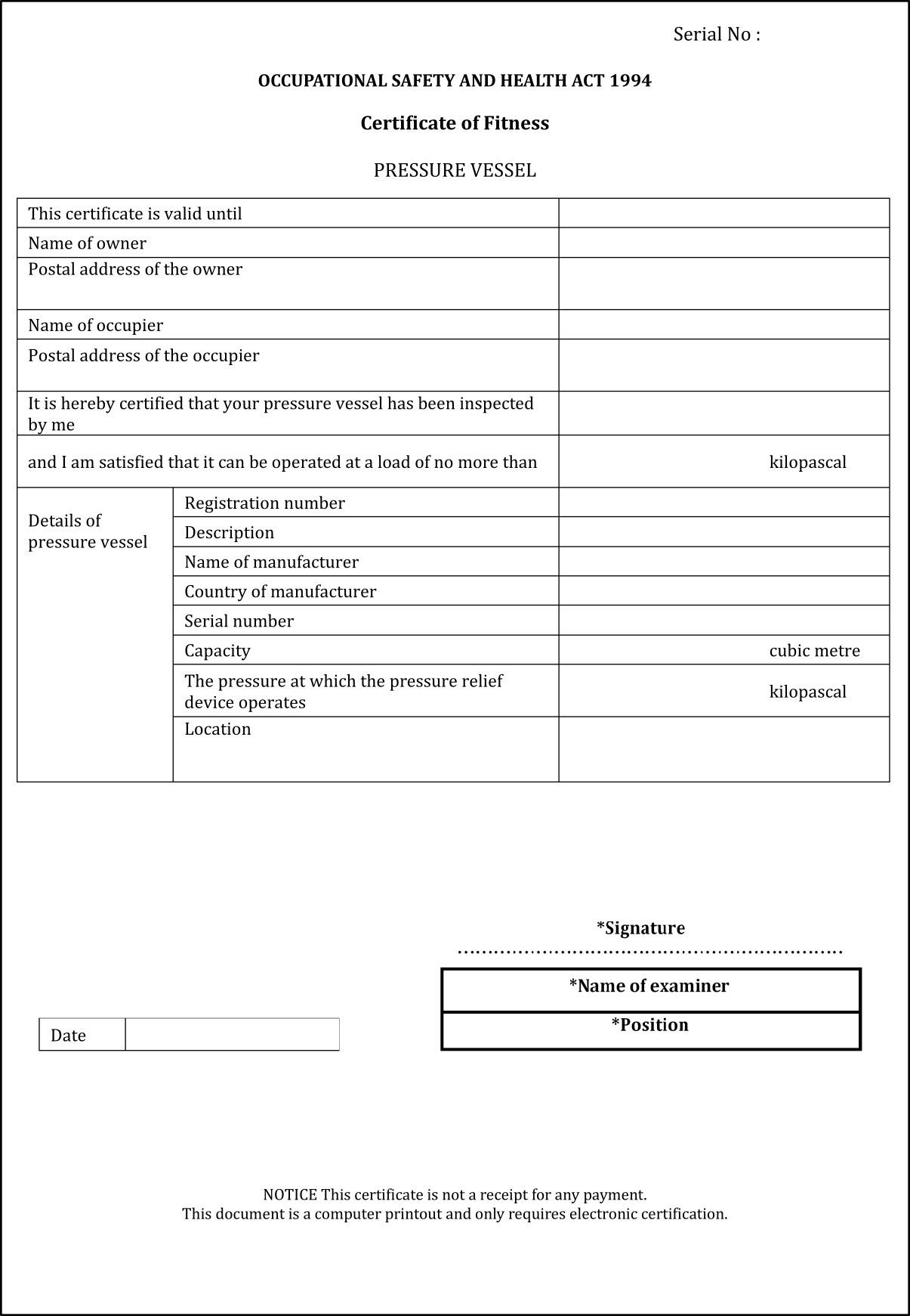 Certificate of fitness for pressure vessel issued by a licensed person