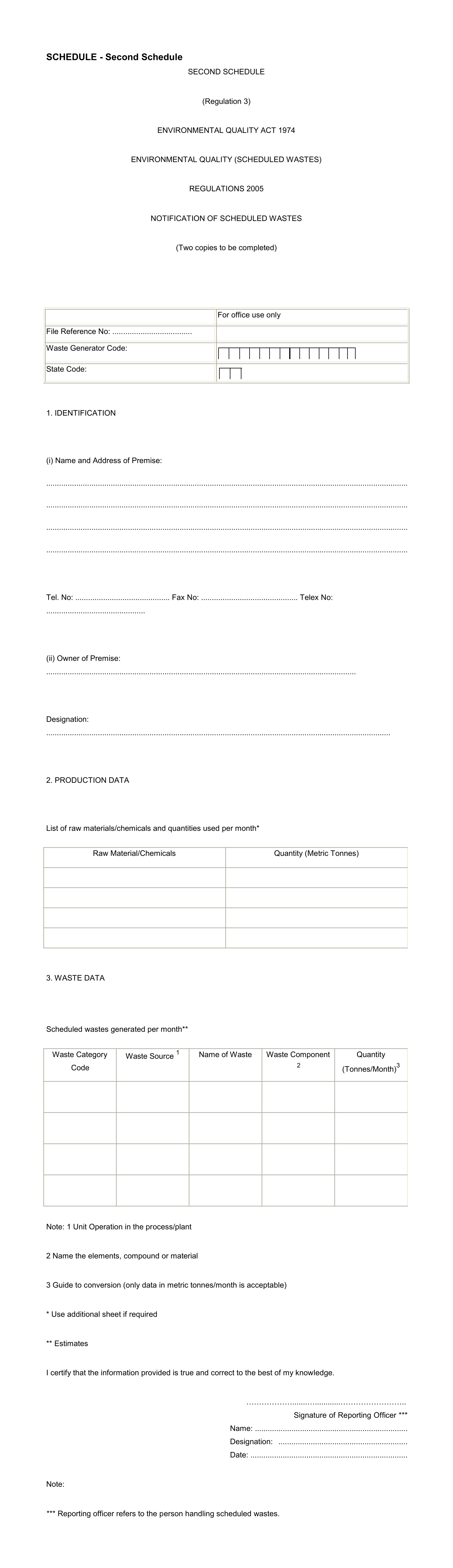 Second Schedule - Notification of Scheduled Wastes