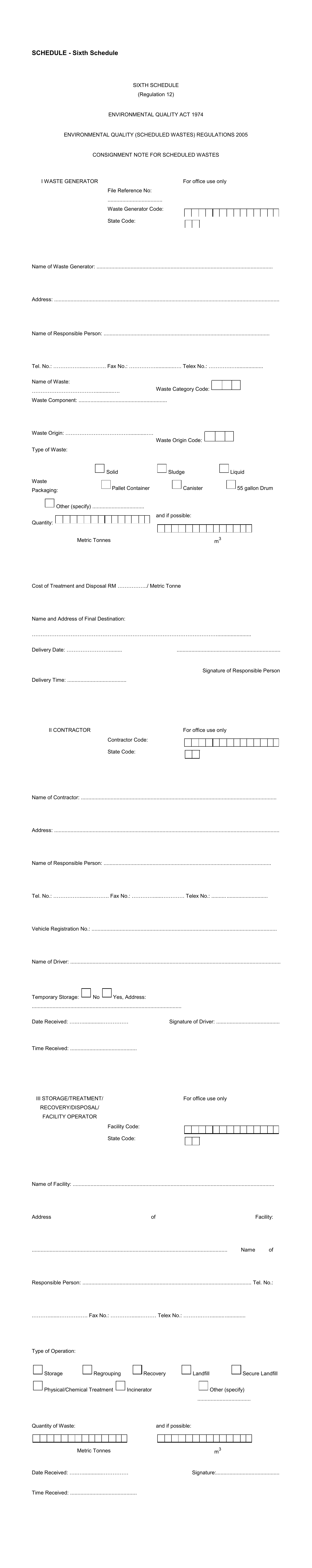 Sixth Schedule - Consignment Note for Scheduled Wastes