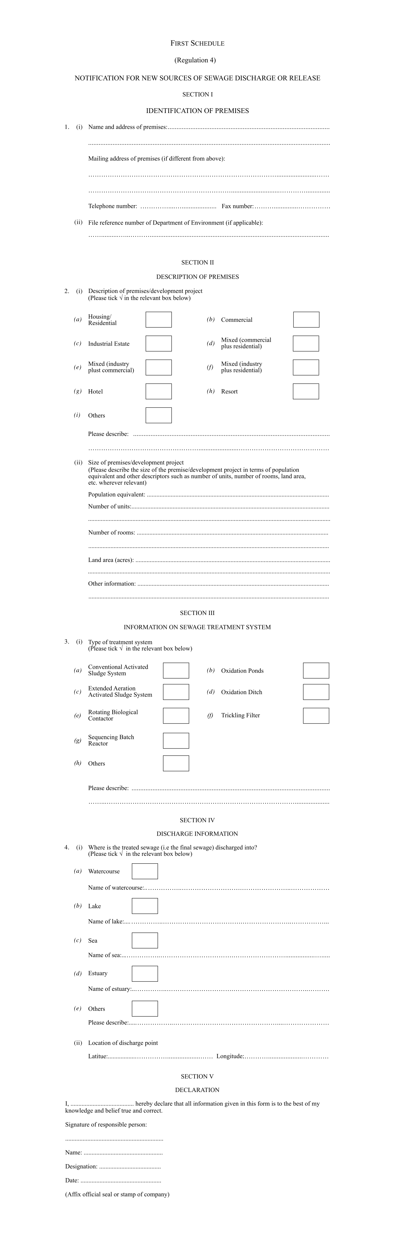 First Schedule - Notification For New Sources of Sewage Discharge or Release