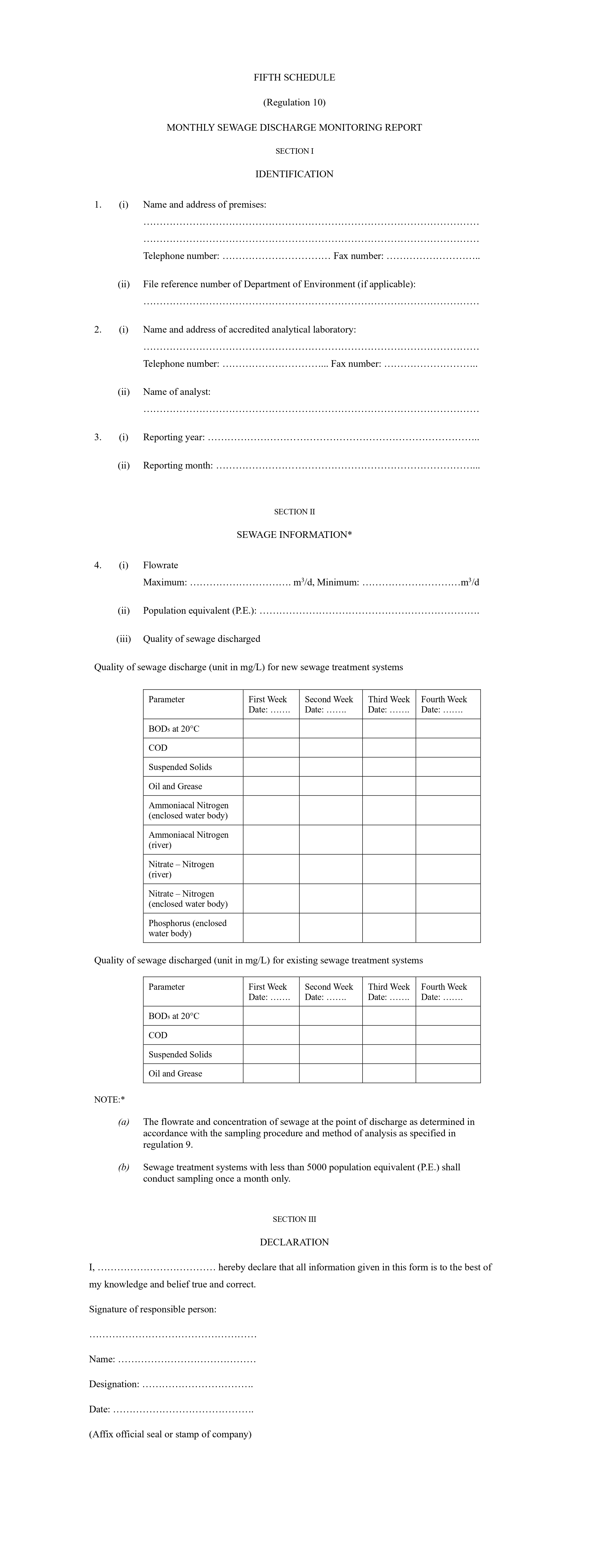 Fifth Schedule - Monthly Sewage Discharge Monitoring Report